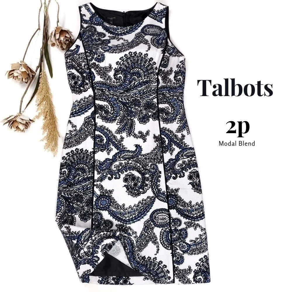 Talbots White Blue Black Paisley Modal Blend Dress Size 2p - Picture 1 of 15